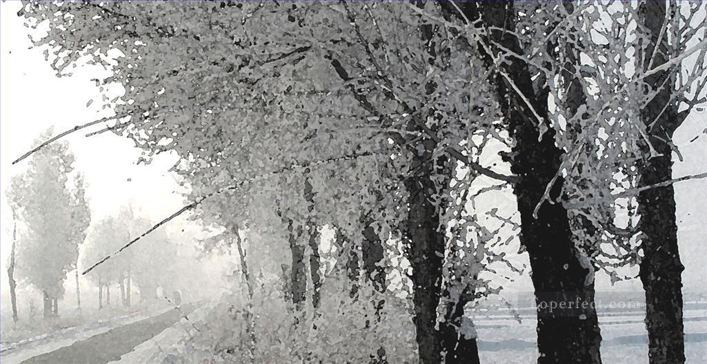 雪の降る田舎の水彩風オリジナル要約油絵